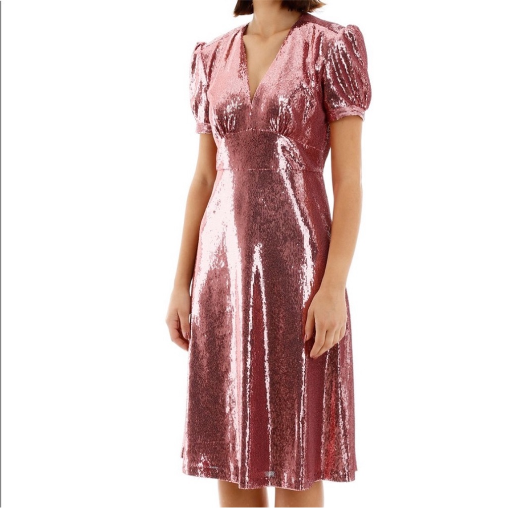 Hvn Paula Deep V Neck Sequin Puff Sleeve Midi Dress Pink — image 4 of 8